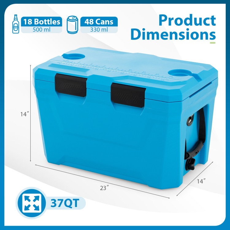 Blue insulated portable cooler with 37QT capacity, featuring cup holders, bottle opener, and drain plug for outdoor use.