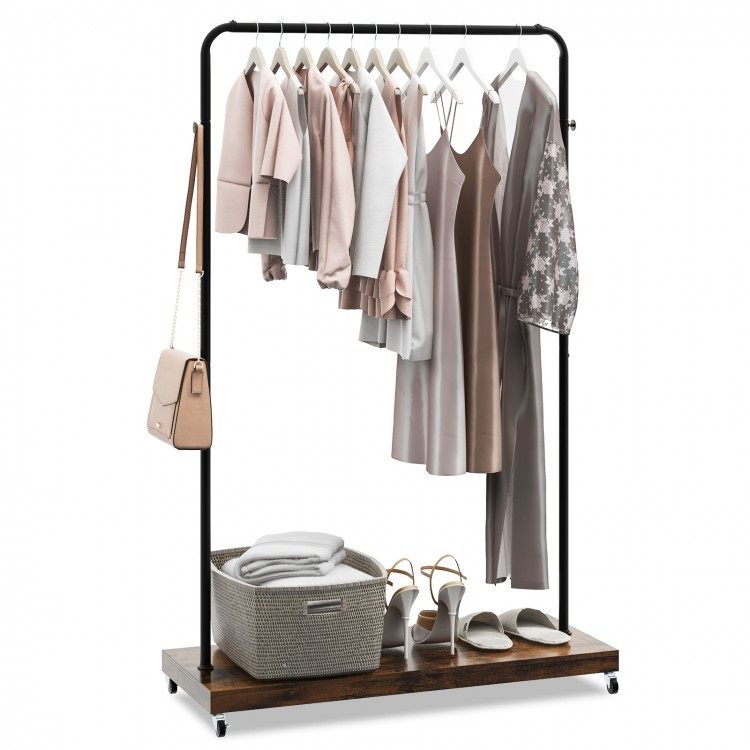 Rolling Garment Rack with Hanging Hooks and Bottom Storage Shelf