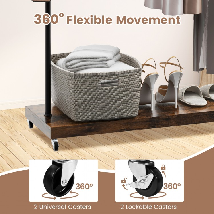 Rolling garment rack with 360° flexible movement, featuring 4 universal casters and a sturdy bottom storage shelf.