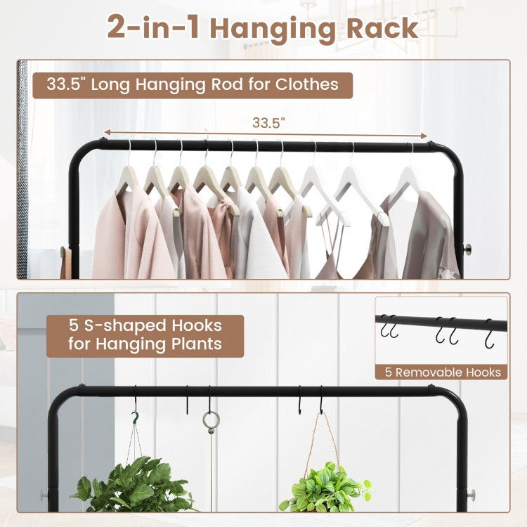 Rolling garment rack featuring a 33.5" hanging rod, 5 hooks for plants, and a bottom storage shelf for organization.