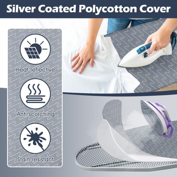 Ironing board with silver-coated cover, featuring heat-reflective, anti-scorching, and stain-resistant properties.