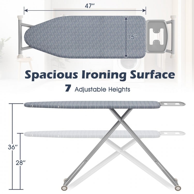 Spacious ironing board with silver-gray cover, featuring 7 adjustable heights and a sturdy carbon steel frame for.