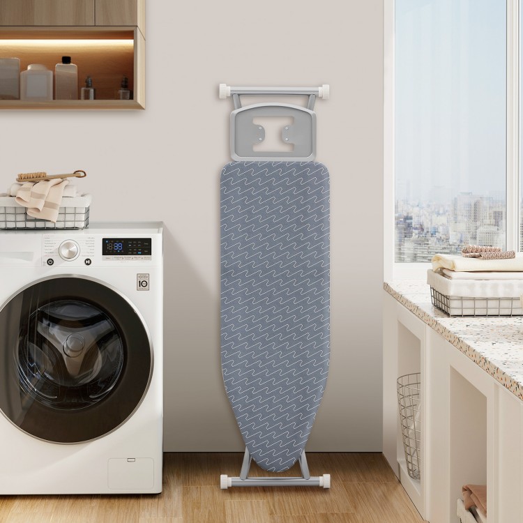 Silver-gray ironing board with removable cover, featuring a heat-reflective surface and foldable design for easy.