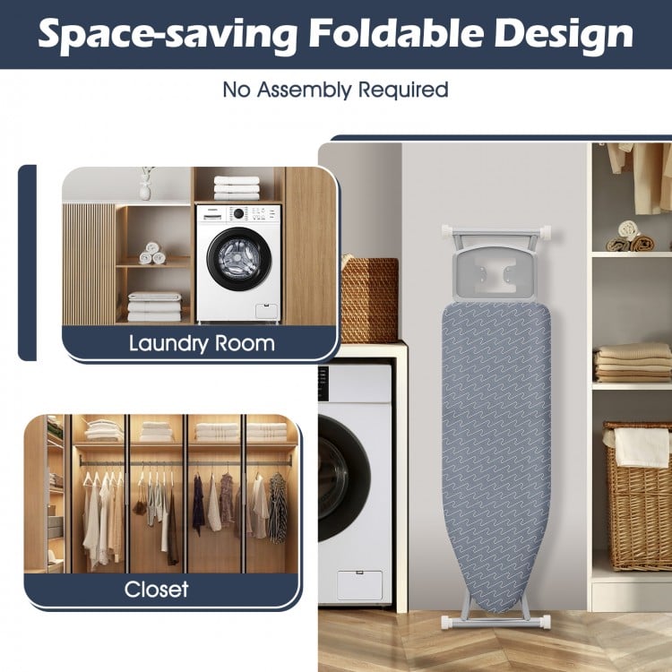 Space-saving foldable ironing board with silver-coated cover, iron rest, and stable T-shaped legs for laundry room use.