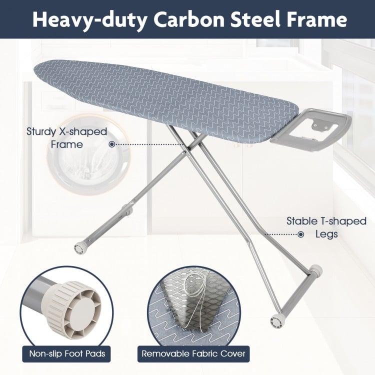 Ironing board with removable silver-gray cover, heavy-duty carbon steel frame, and non-slip foot pads for stability.