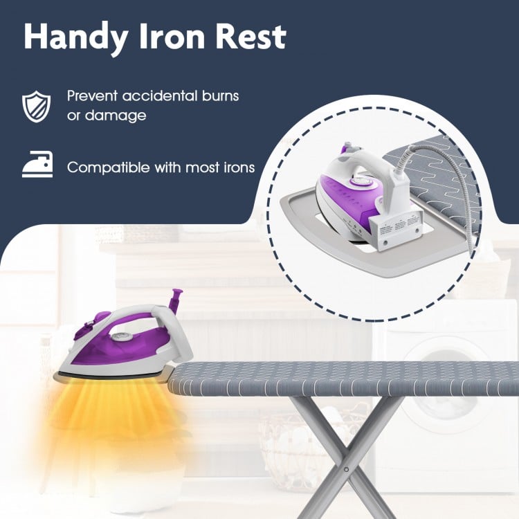 Ironing board with removable silver-gray cover and handy iron rest, designed for safety and stability in laundry rooms.