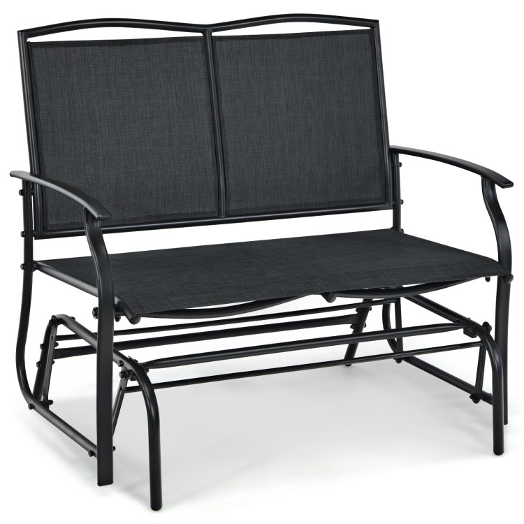 Black iron patio rocking chair with a durable metal frame, designed for two people, perfect for outdoor relaxation.