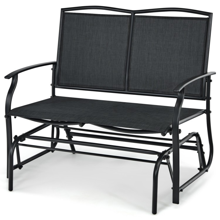 Black iron patio rocking chair with durable metal frame, suitable for two people, perfect for outdoor relaxation.