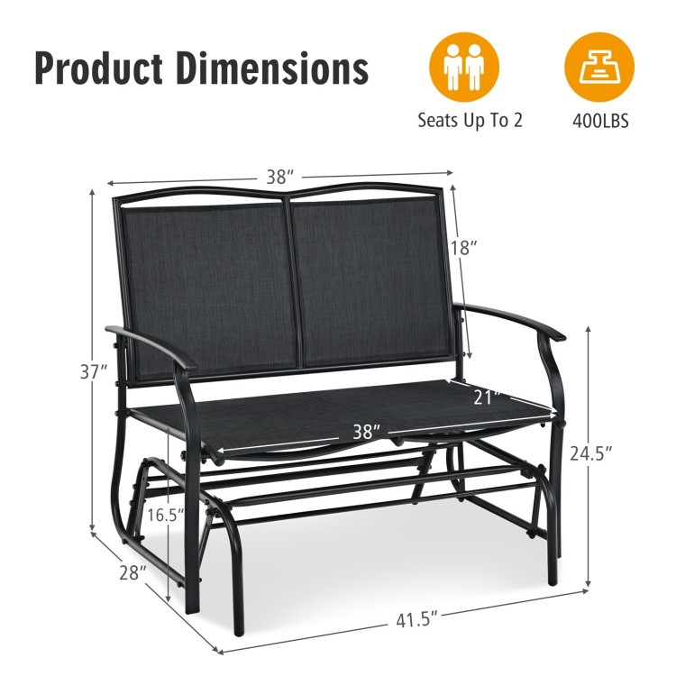 Iron patio rocking chair dimensions showing seating for two, sturdy metal frame, ideal for outdoor relaxation.