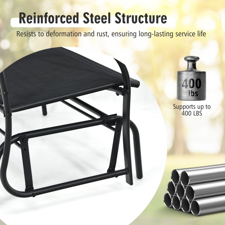 Close-up of the reinforced steel structure of the black Iron Patio Rocking Chair, supporting up to 400 lbs for outdoor.