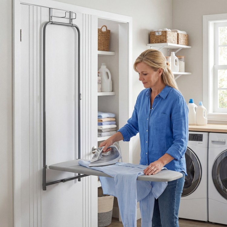 Space-saving gray metal hanging ironing board with a built-in iron holder, ideal for laundry rooms and apartments.