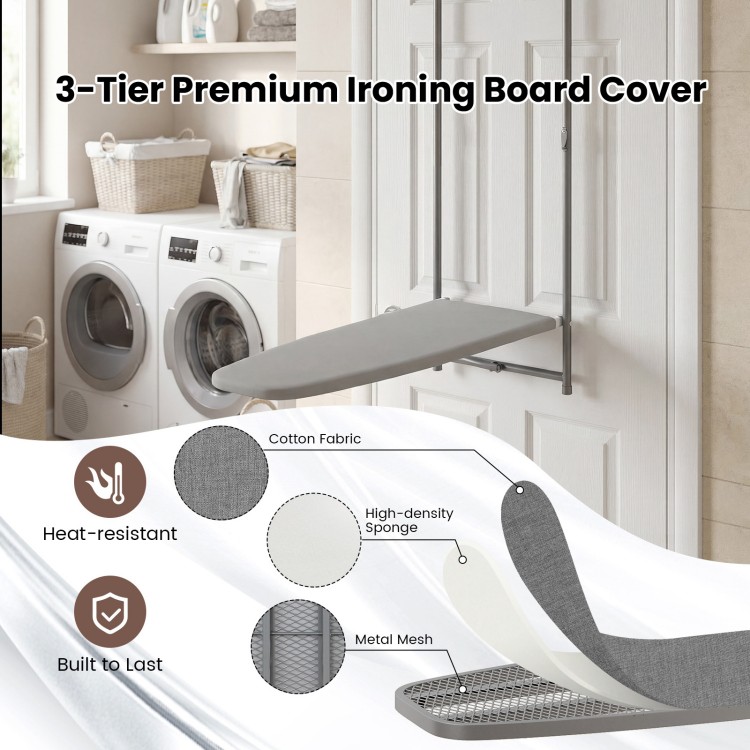 Gray space-saving metal hanging ironing board with a 3-tier heat-resistant cover, ideal for laundry rooms and.