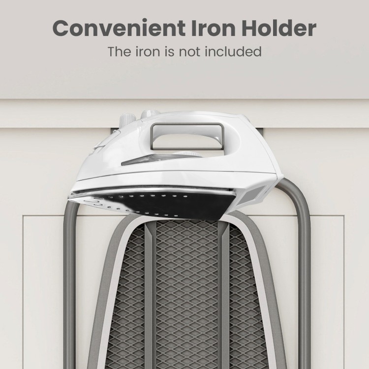 Space-saving gray ironing board with a built-in iron holder, designed for easy storage and convenient use.