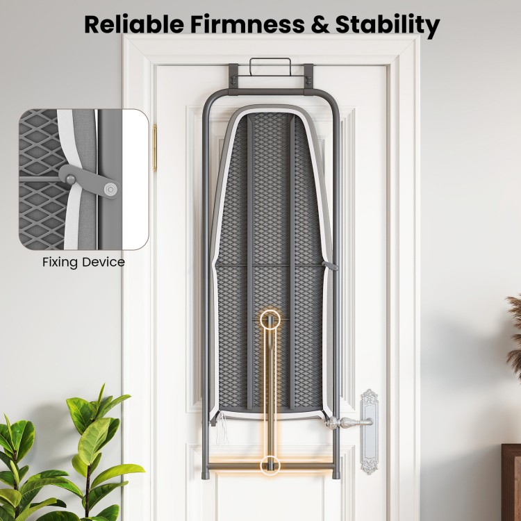 Space-saving gray metal hanging ironing board with robust frame, fixing device, and built-in iron holder for easy.