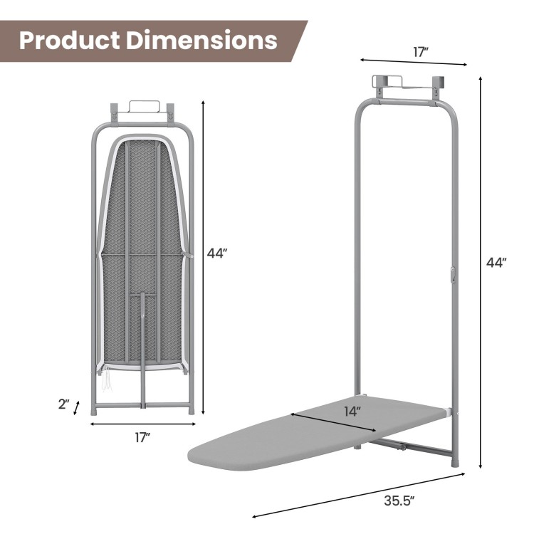 Space-saving gray metal ironing board with dimensions, featuring a folding design and built-in iron holder for easy.