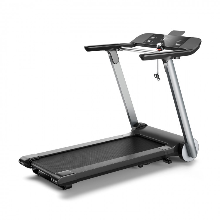 Side view of the Italian designed folding treadmill, showcasing its sleek frame and portable design for convenient home.