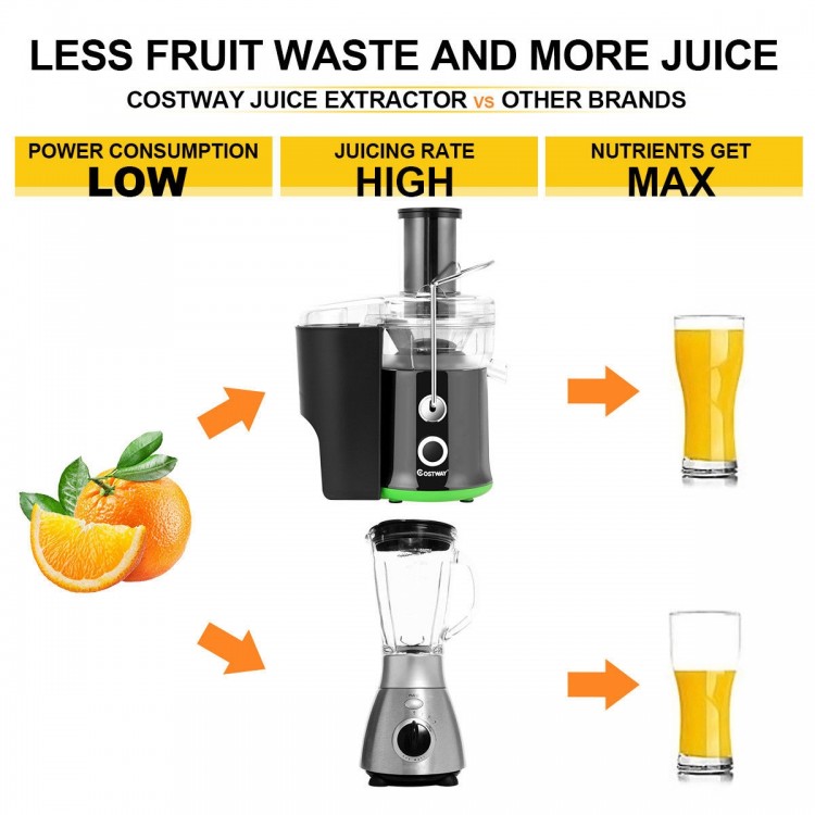 Wide mouth centrifugal electric juicer with stainless steel design, 2 speeds, and large pulp bin for efficient juicing.