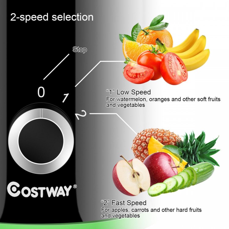 Wide mouth electric juicer with 2-speed selection for soft and hard fruits, designed for easy juicing and cleaning.