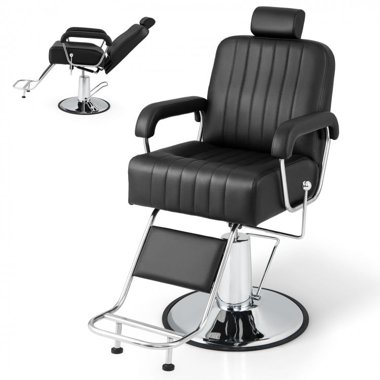 Black 360-degree swivel salon hydraulic barber chair with adjustable headrest and reclining backrest for versatile.
