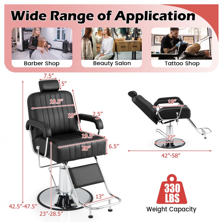 Detail view of the black hydraulic barber chair showcasing the high-density sponge cushion and smooth leather finish.