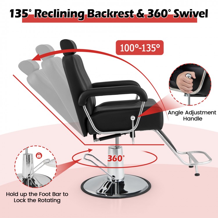 Black 360-degree swivel salon chair with adjustable headrest and 135° reclining backrest for versatile styling.