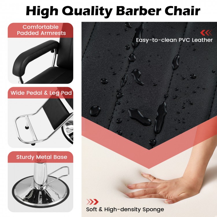 Black 360-degree swivel barber chair with adjustable headrest, reclining backrest, and easy-to-clean PVC leather.