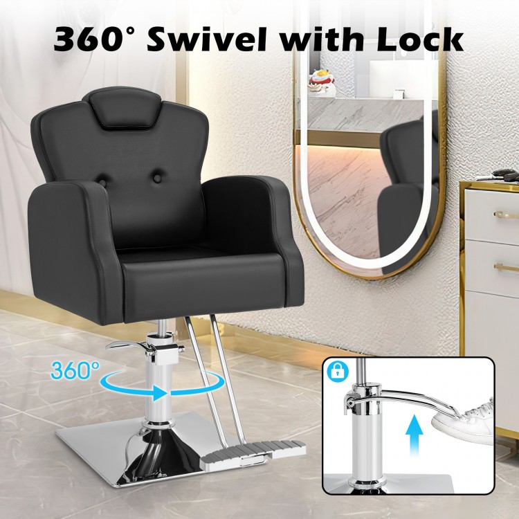 Heavy-duty salon chair in black with 360-degree swivel, adjustable height, and ergonomic design for comfort and support.
