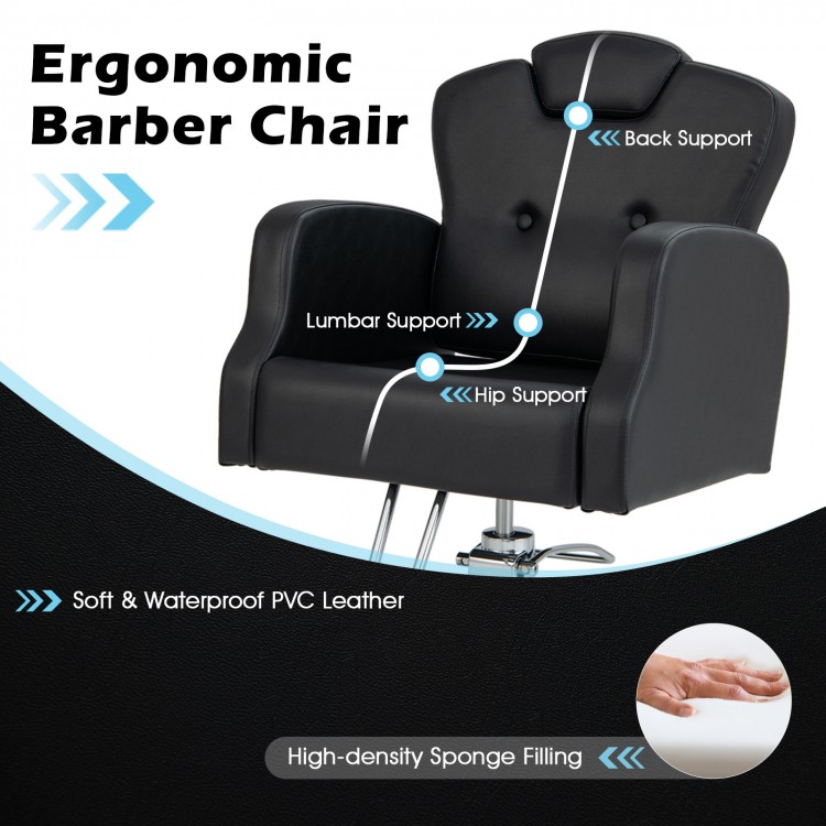 Ergonomic black barber chair with high-density sponge filling, adjustable headrest, and 360-degree swivel for salon use.