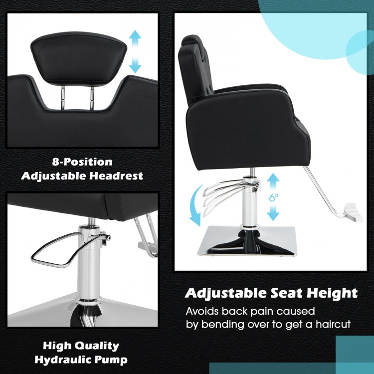 Heavy-duty salon chair featuring an 8-position adjustable headrest and adjustable seat height for versatile styling.