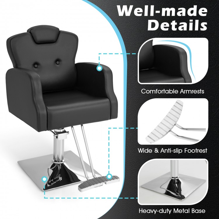 Heavy-duty salon chair with 360-degree swivel, adjustable height, and comfortable armrests in black leather finish.