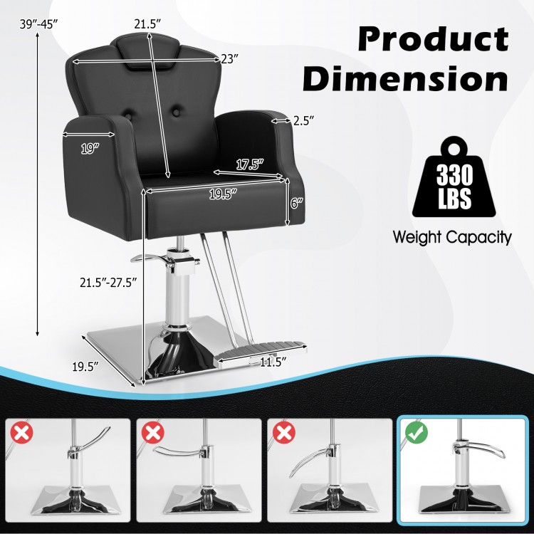Product dimensions of the heavy-duty salon chair in black, showcasing adjustable height and sturdy hydraulic pump.