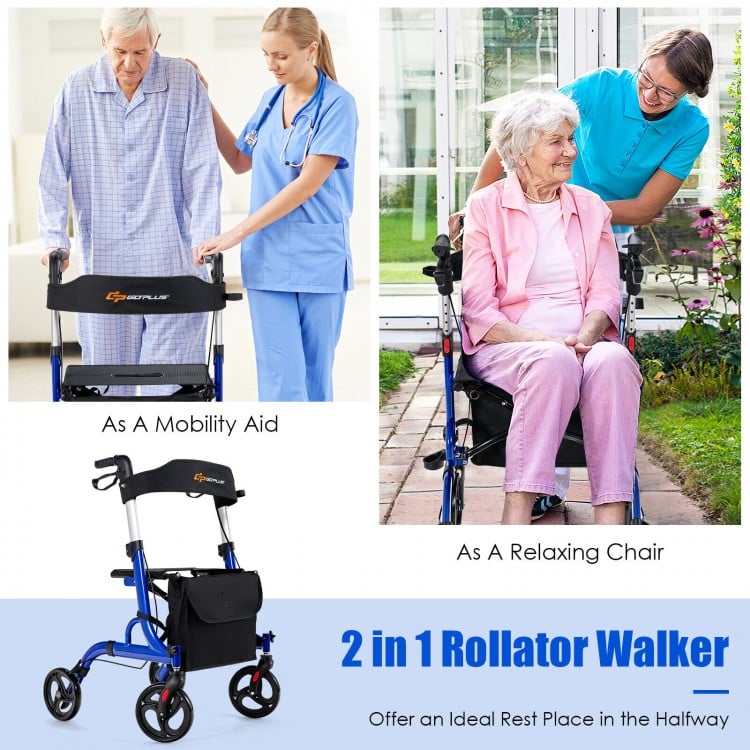 Folding aluminum rollator walker in blue with 8-inch wheels, adjustable height, and a comfortable seat for mobility aid.