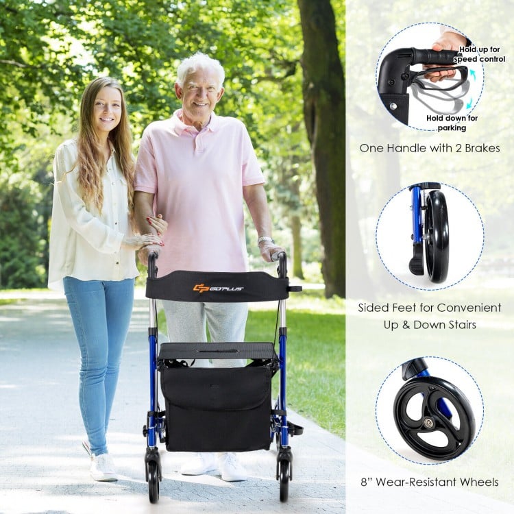 Folding aluminum rollator walker in blue features a hand brake for speed control and 8-inch wheels for smooth mobility.