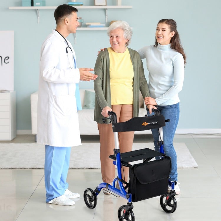 Folding aluminum rollator walker in blue with 8-inch wheels, adjustable height, and seat for comfortable mobility.