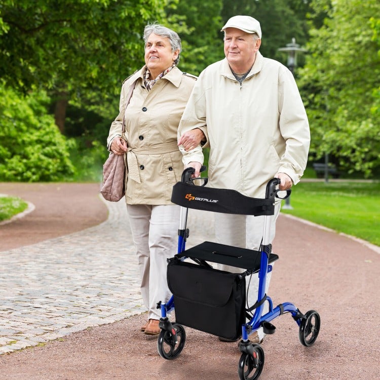 Folding aluminum rollator walker in blue with 8-inch wheels, featuring a hand brake and obstacle assist for safe.
