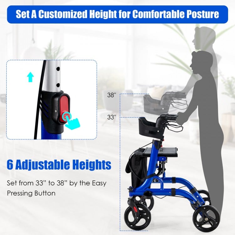 Folding aluminum rollator walker in blue with adjustable height, 8-inch wheels, and a seat for comfortable mobility.