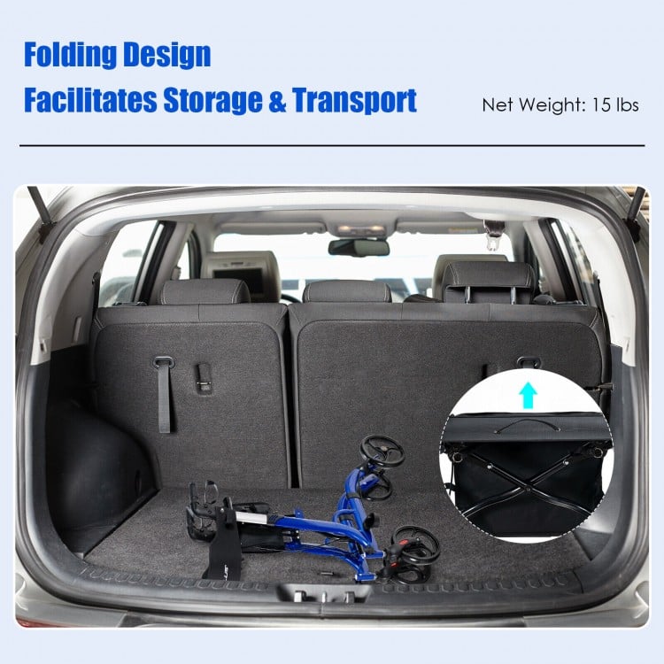 Folding aluminum rollator walker in blue with 8-inch wheels, compactly stored in a vehicle for easy transport.