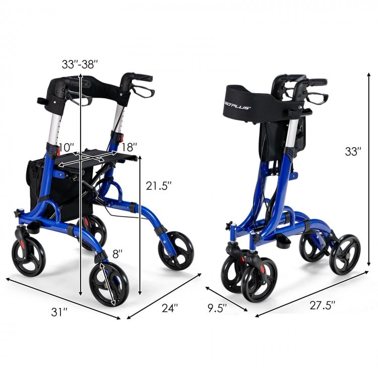 Folding aluminum rollator walker in blue with 8-inch wheels, adjustable height, and a seat for comfortable mobility.