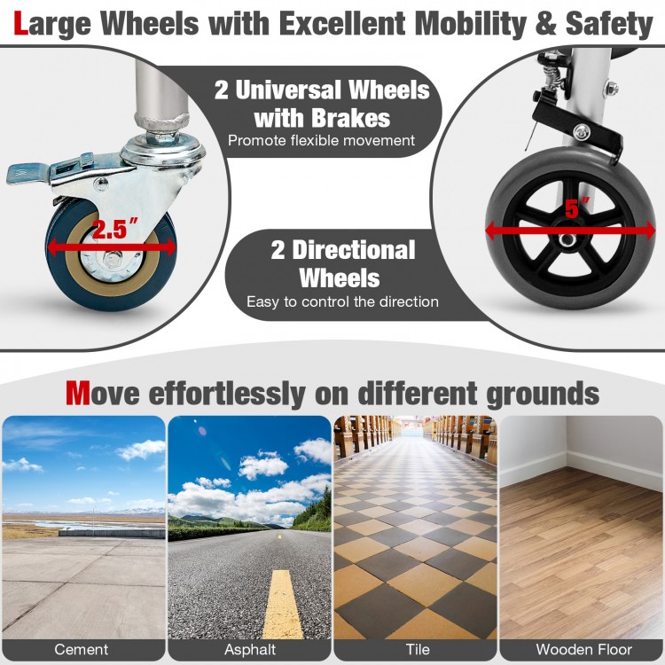 Height adjustable aluminum walker with 2.5" universal wheels and brakes, ideal for mobility on various surfaces.