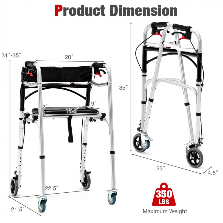 Height adjustable aluminum walker with rolling wheels, brakes, and ergonomic backrest for stability and support.