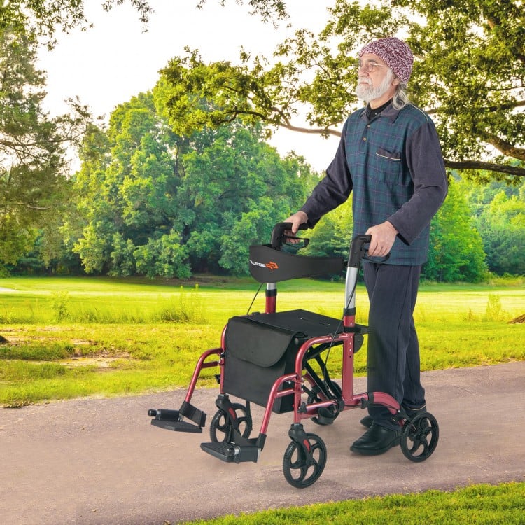 Adjustable red rollator walker with storage bag, shown on a path, providing comfort and stability for outdoor use.