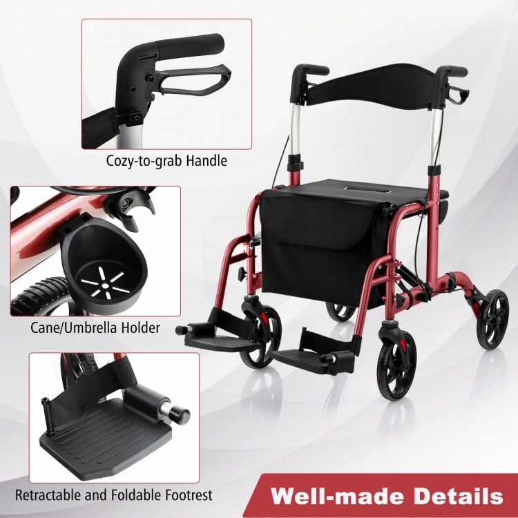 Adjustable folding handle rollator walker in red with storage bag, cane holder, and anti-skid footrests for safety.