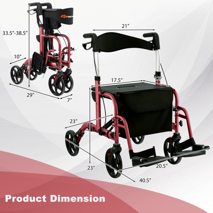 Adjustable folding rollator walker in red with storage space, showing dimensions and features for convenience and.