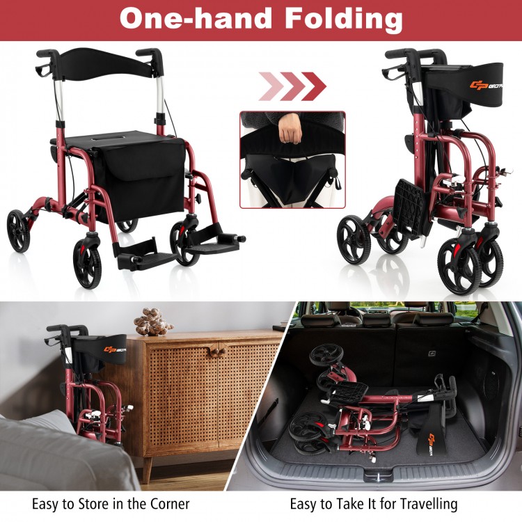 Adjustable red rollator walker with storage, convertible to wheelchair, featuring ergonomic handles and foldable design.