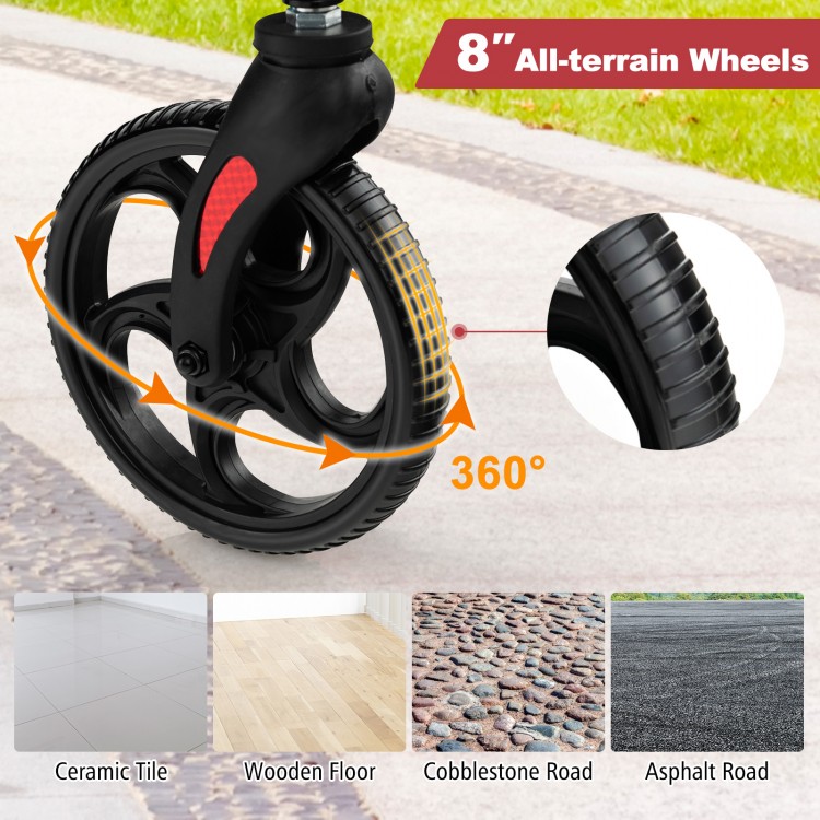 8-inch all-terrain wheels of the 2-in-1 adjustable folding rollator walker, suitable for various surfaces.
