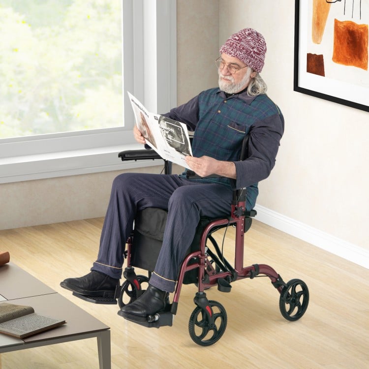 Folding rollator walker with seat and wheels in red, supporting up to 300 lbs, ideal for mobility and comfort indoors.