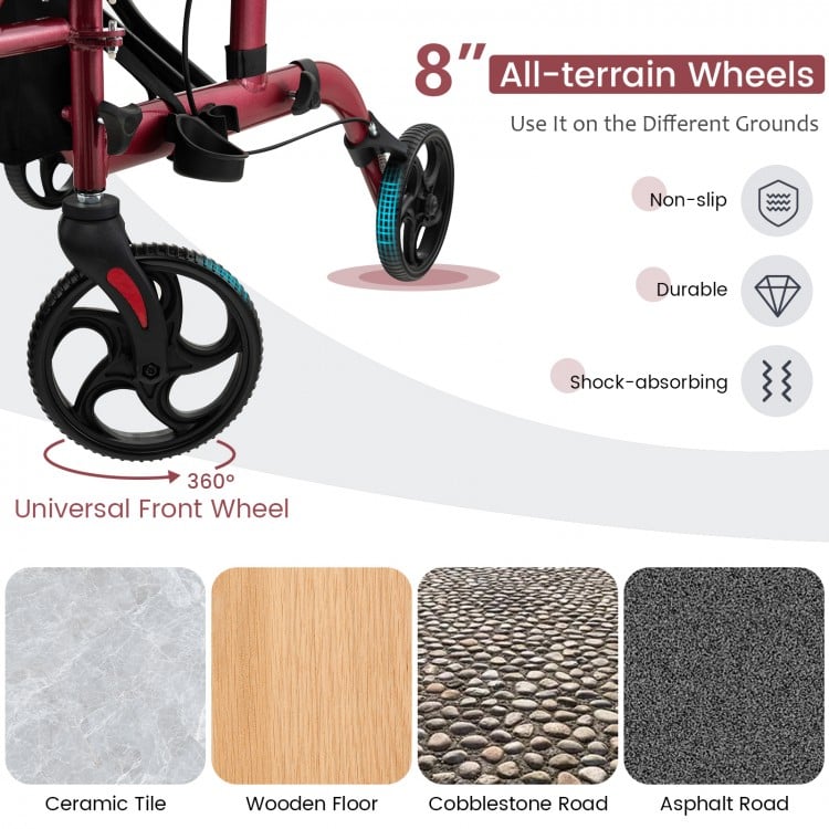 8" all-terrain wheels of the red folding rollator walker, designed for smooth mobility on various surfaces.