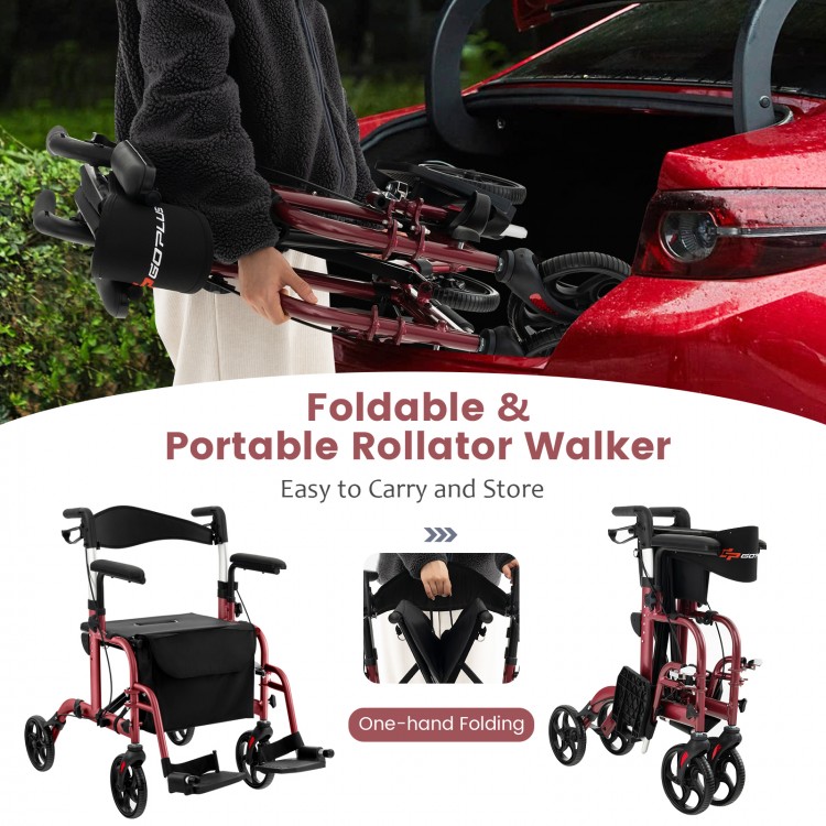 Foldable red rollator walker with seat, 300 lbs capacity, one-hand folding for easy storage and transport.