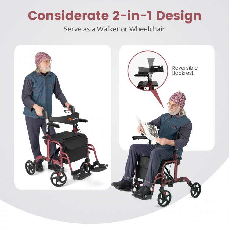 Folding rollator walker in red, serving as a wheelchair with adjustable height, dual brakes, and 8" wheels for.