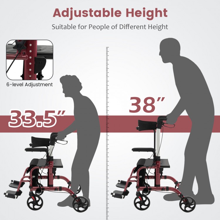 Folding rollator walker with adjustable height, supporting up to 300 lbs, shown in red with 6-level height adjustment.